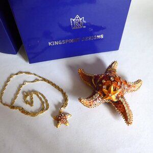 KINGSPOINT DESIGNS ENAMELED BEJEWELED STARFISH TRINKET BOX & NECKLACE (NEW BOX)